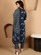 Antaran Blue Pure Cotton Embellished Kurta Pant & Dupatta Set | Grocsy