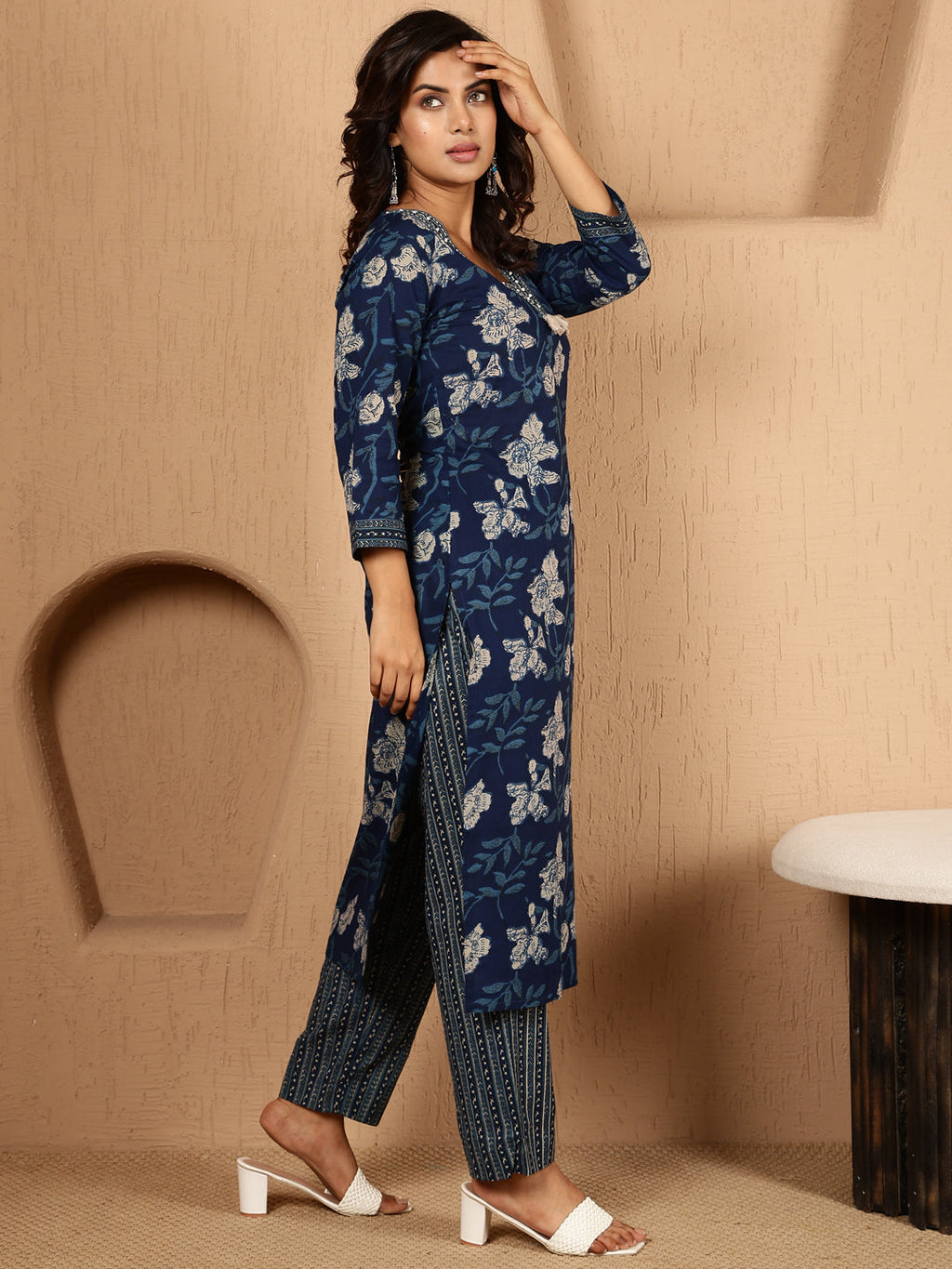 Antaran Blue Pure Cotton Embellished Kurta Pant & Dupatta Set | Grocsy