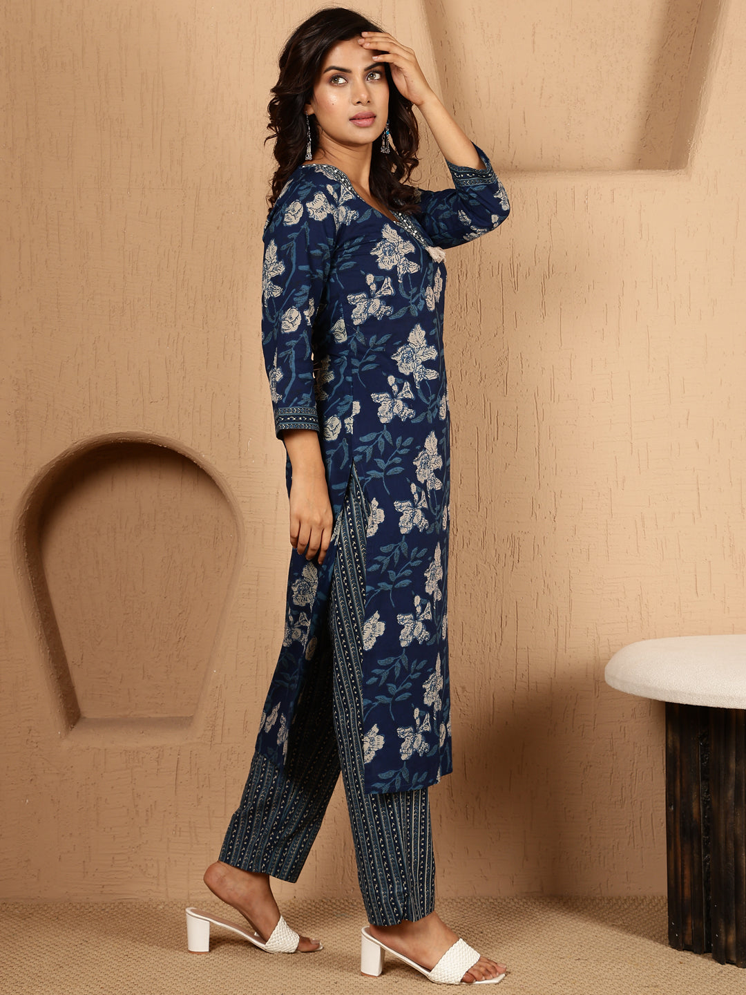 Antaran Blue Pure Cotton Embellished Kurta Pant & Dupatta Set | Grocsy