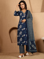Antaran Blue Pure Cotton Embellished Kurta Pant & Dupatta Set | Grocsy