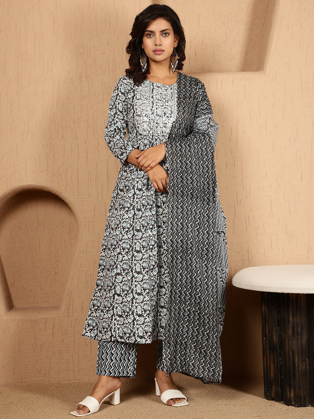 Antaran Blue Cotton Blend Embellished Kurta Pant & Dupatta Set | Grocsy