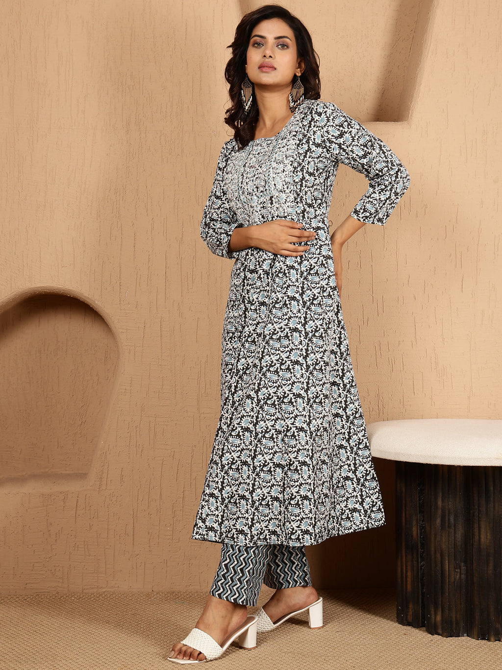 Antaran Blue Cotton Blend Embellished Kurta Pant & Dupatta Set | Grocsy