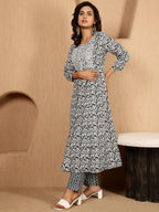 Antaran Blue Cotton Blend Embellished Kurta Pant & Dupatta Set | Grocsy
