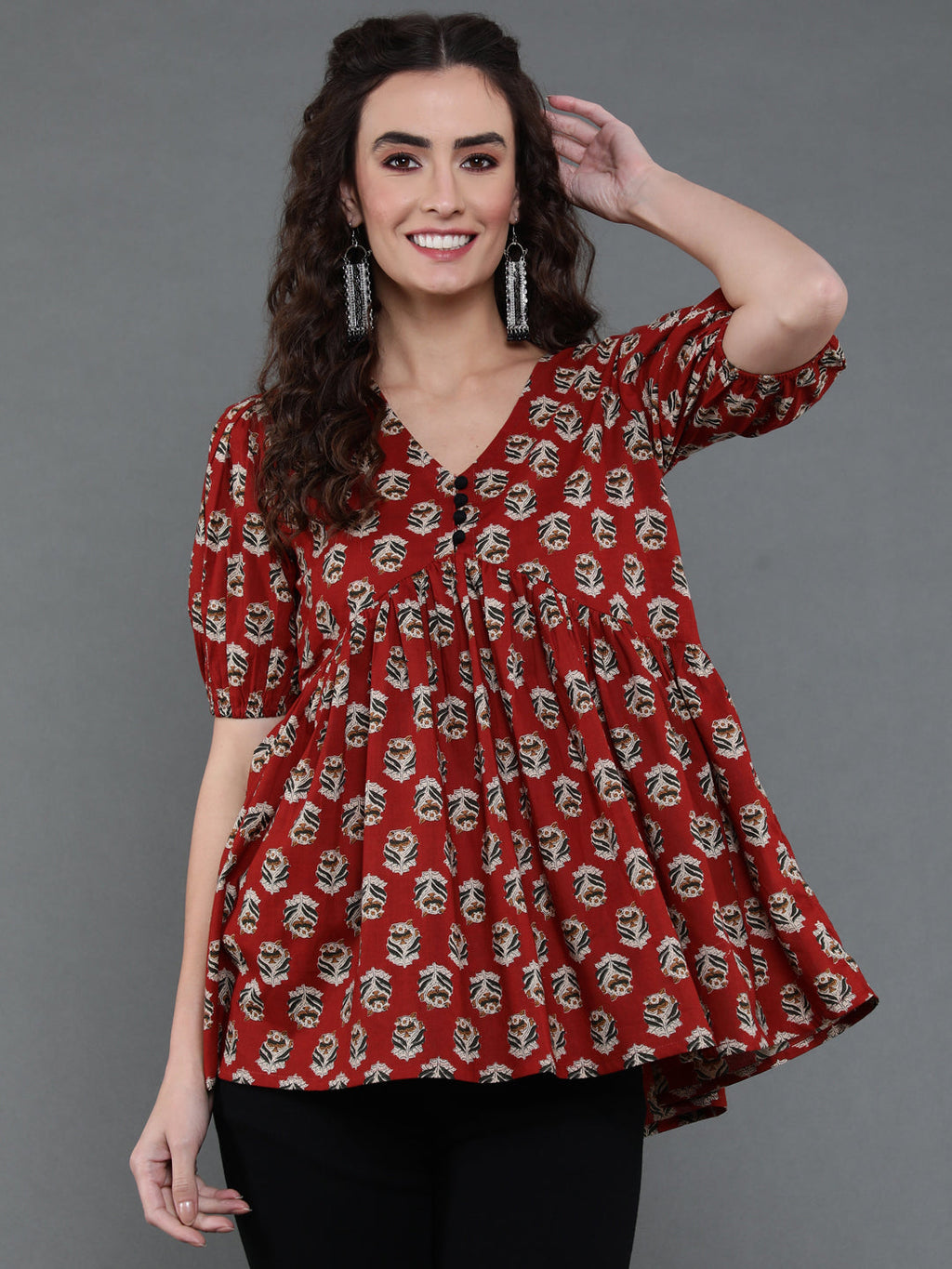 Antaran Brown/Rust Pure Cotton Aliacut Printed Top | Grocsy