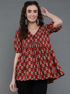 Antaran Brown/Rust Pure Cotton Aliacut Printed Top | Grocsy