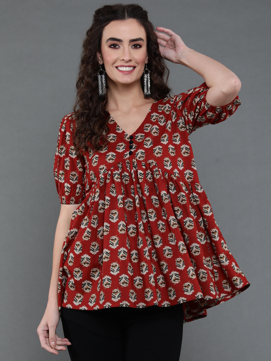 Antaran Brown/Rust Pure Cotton Aliacut Printed Top | Grocsy