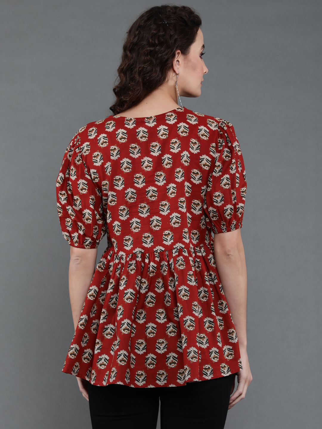 Antaran Brown/Rust Pure Cotton Aliacut Printed Top | Grocsy