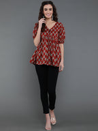 Antaran Brown/Rust Pure Cotton Aliacut Printed Top | Grocsy
