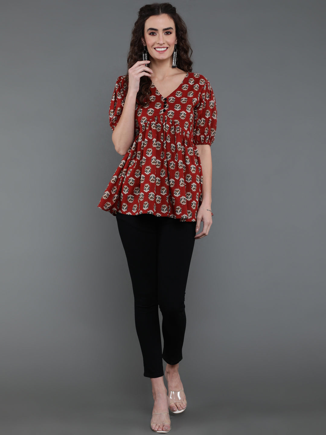 Antaran Brown/Rust Pure Cotton Aliacut Printed Top | Grocsy