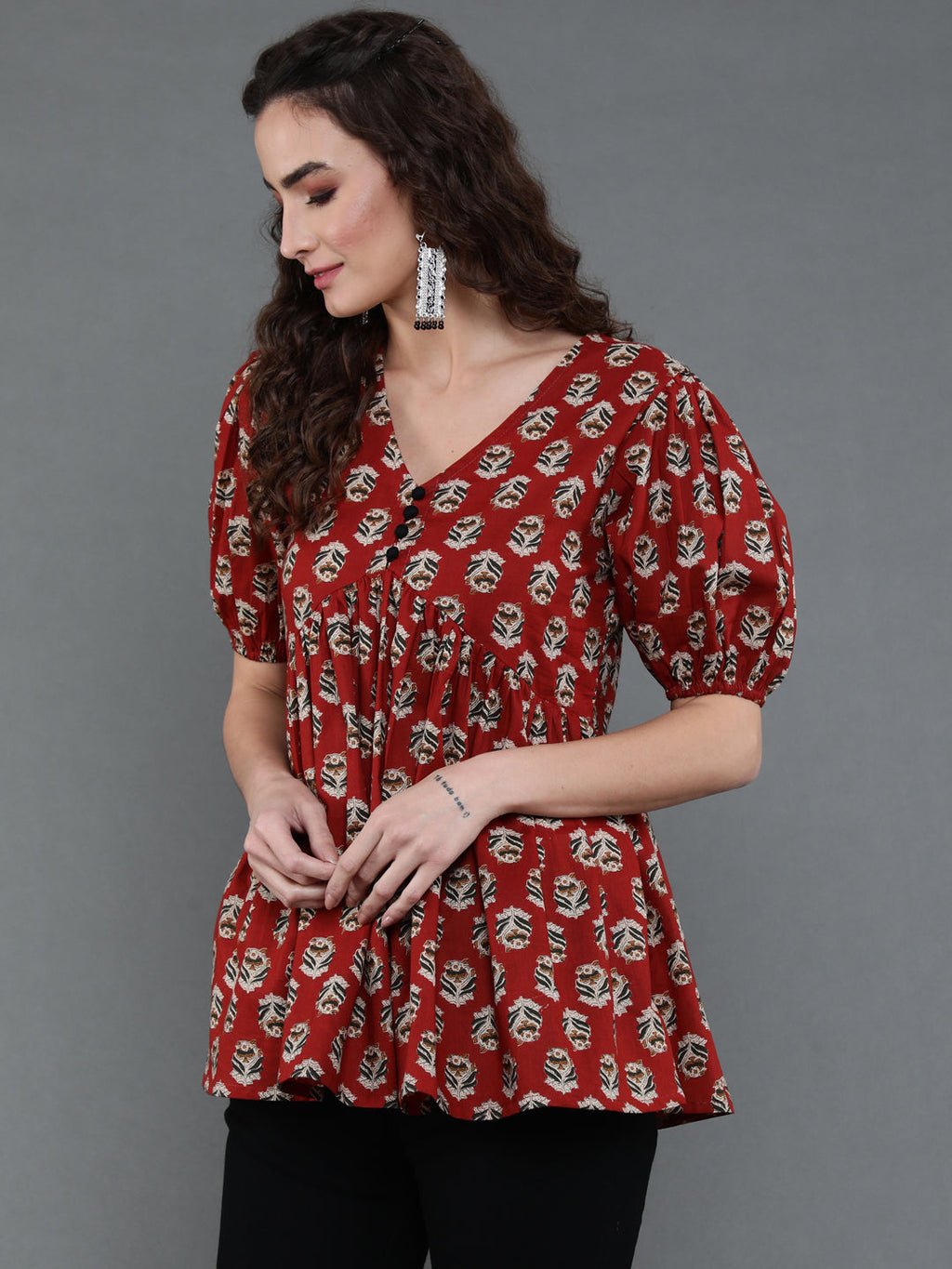 Antaran Brown/Rust Pure Cotton Aliacut Printed Top | Grocsy