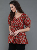 Antaran Brown/Rust Pure Cotton Aliacut Printed Top | Grocsy