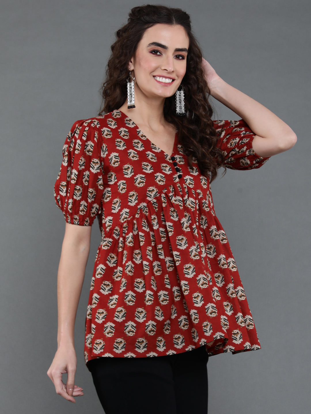 Antaran Brown/Rust Pure Cotton Aliacut Printed Top | Grocsy
