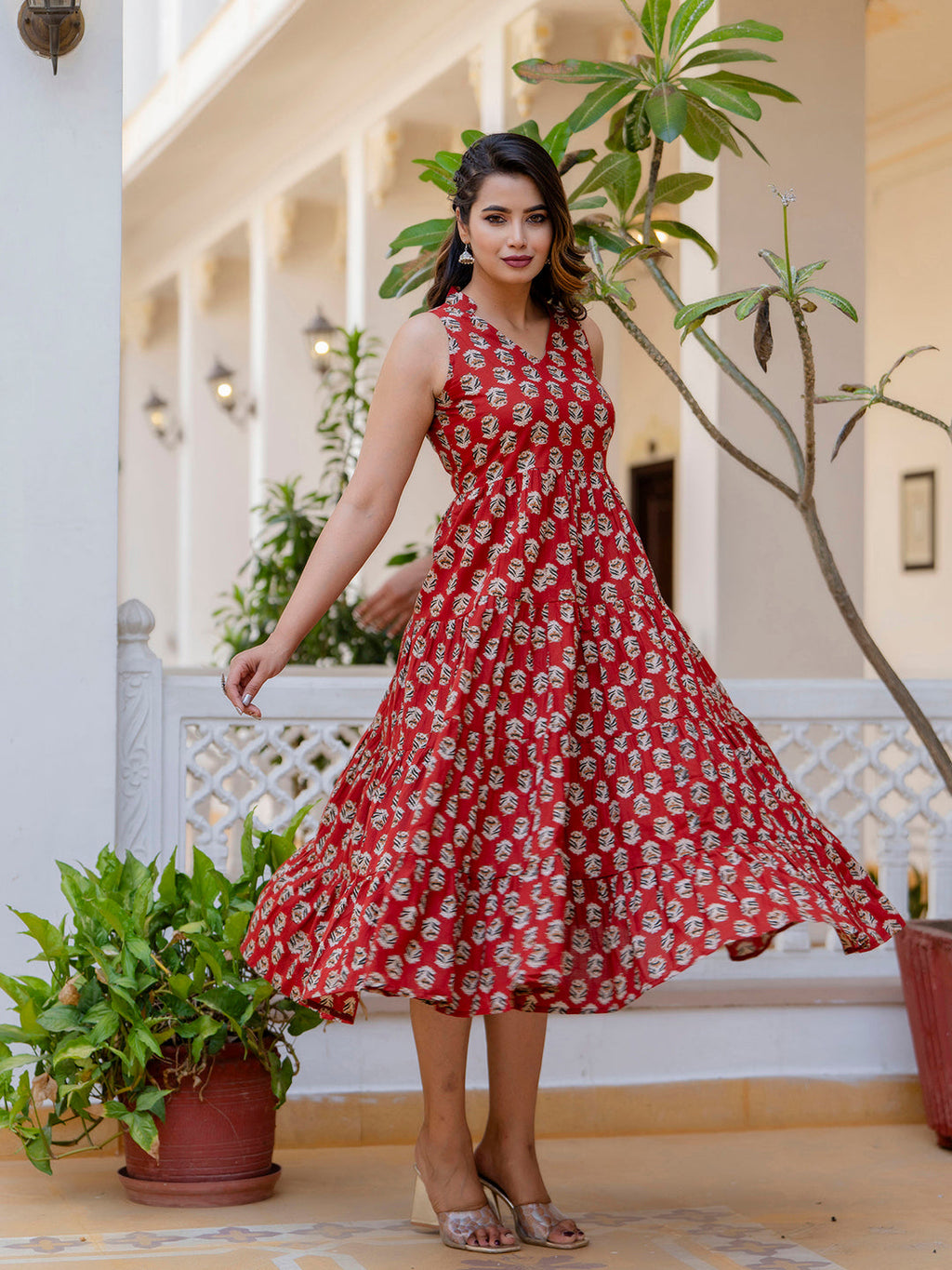 Antaran Maroon Pure Cotton Tiered Printed Dress | Grocsy