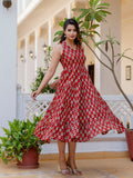Antaran Maroon Pure Cotton Tiered Printed Dress | Grocsy
