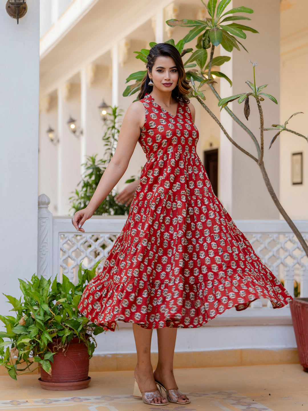 Antaran Maroon Pure Cotton Tiered Printed Dress | Grocsy