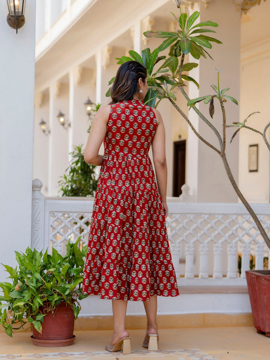Antaran Maroon Pure Cotton Tiered Printed Dress | Grocsy