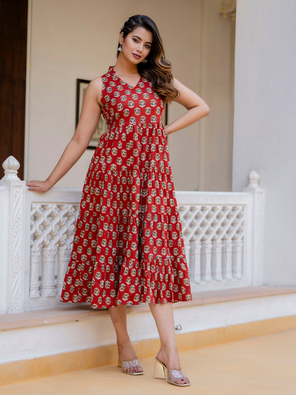 Antaran Maroon Pure Cotton Tiered Printed Dress | Grocsy