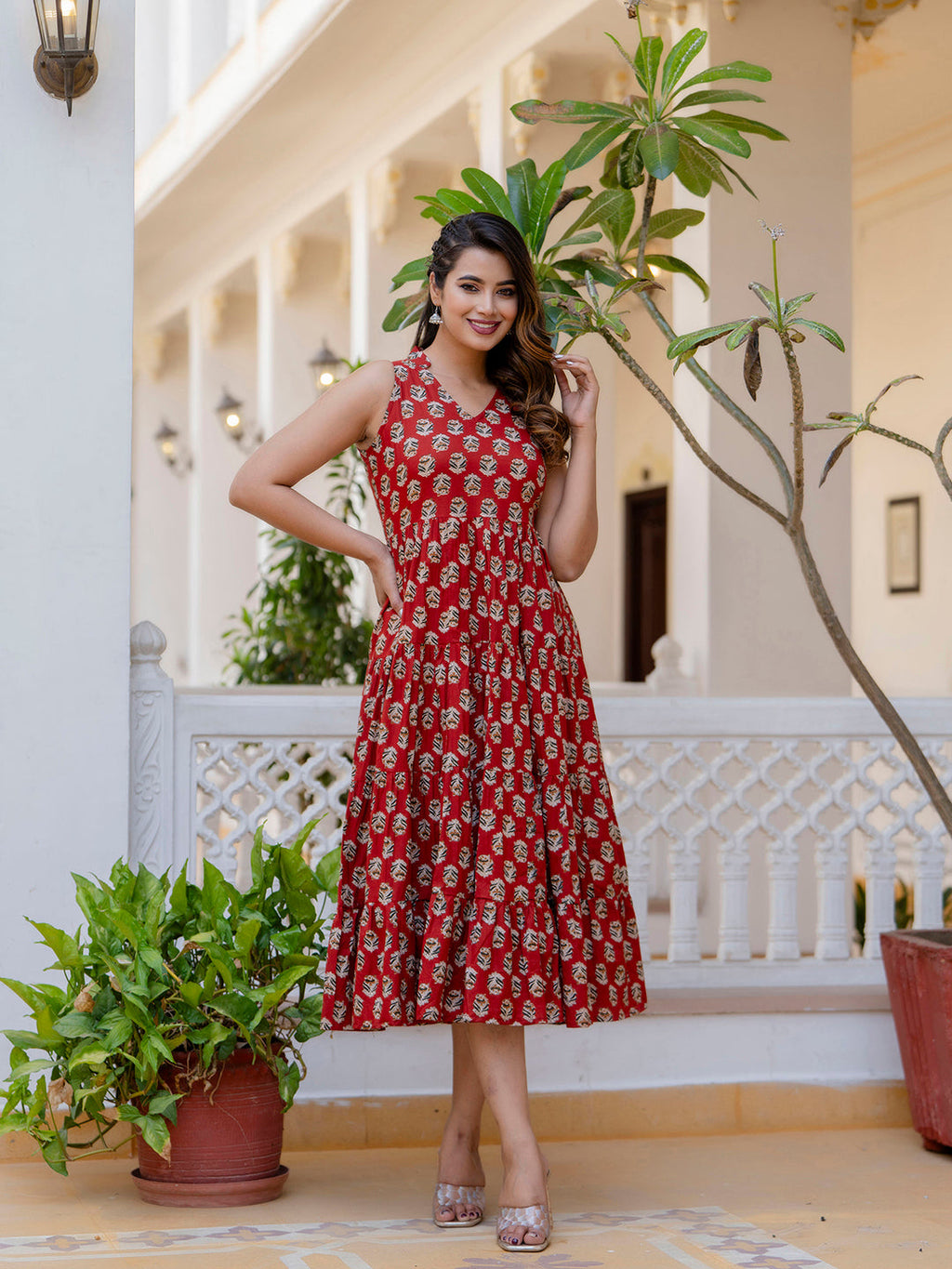 Antaran Maroon Pure Cotton Tiered Printed Dress | Grocsy