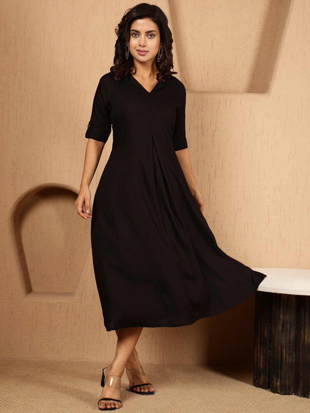 Antaran Black Rayon Solid Black Dress | Grocsy