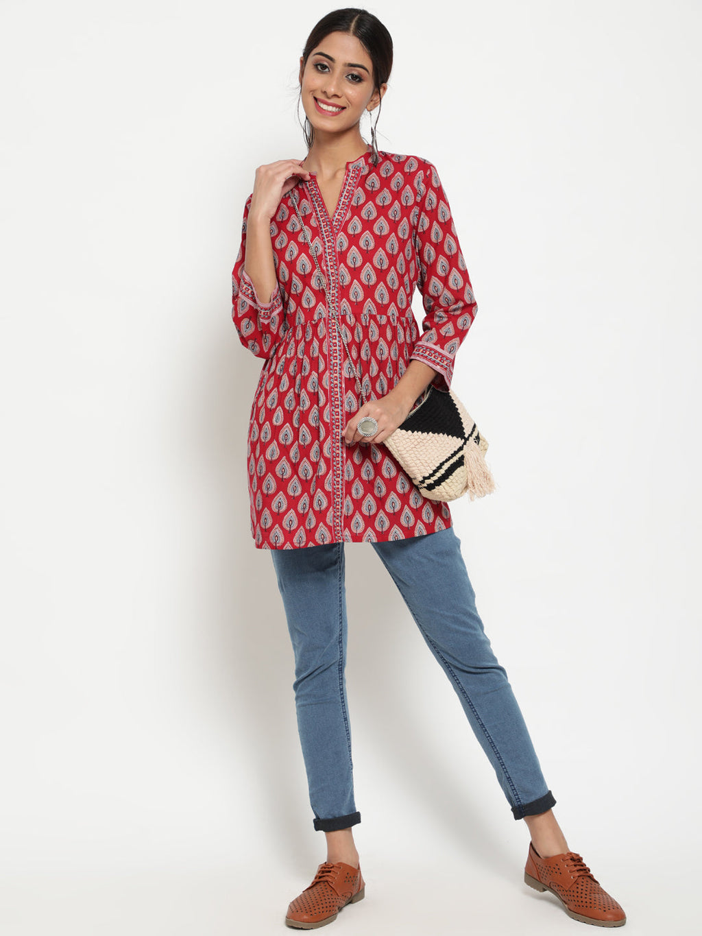 Antaran Maroon Pure Cotton Printed Tunic | Grocsy