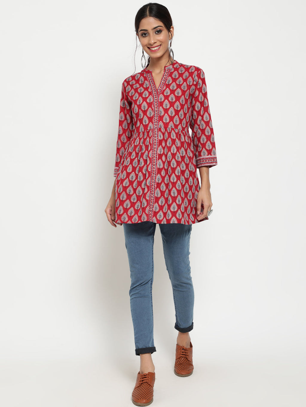 Antaran Maroon Pure Cotton Printed Tunic | Grocsy
