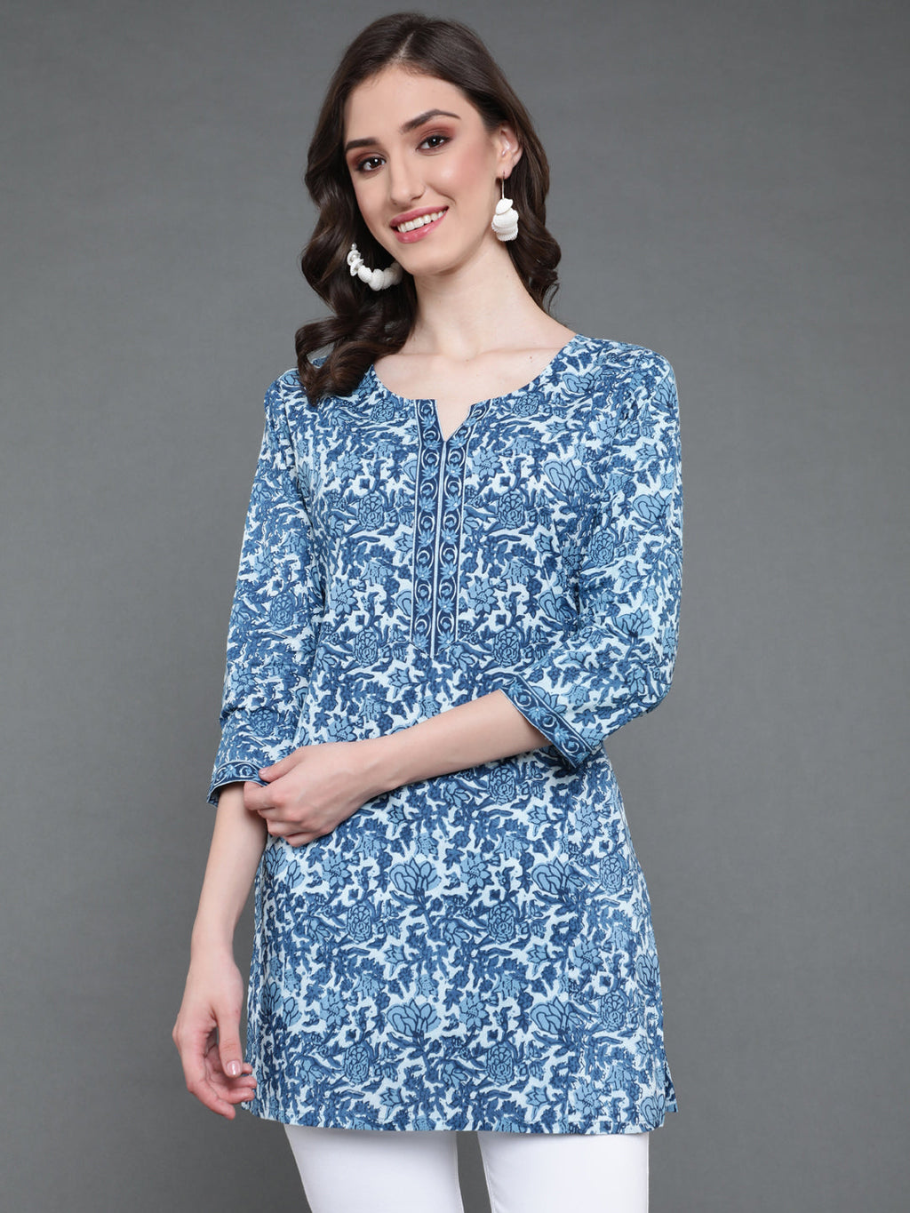 Antaran Blue Pure Cotton Printed Tunic | Grocsy
