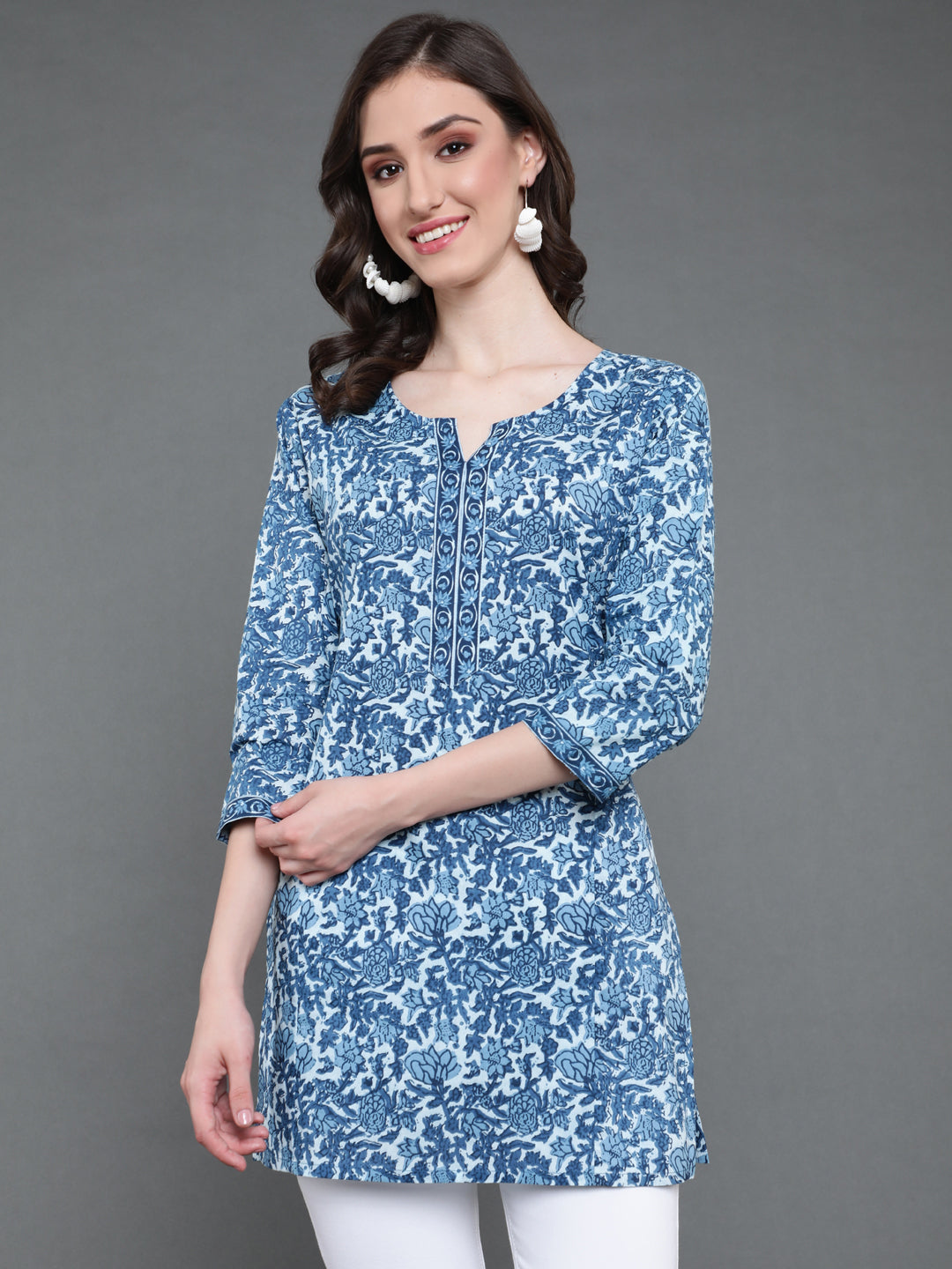 Antaran Blue Pure Cotton Printed Tunic | Grocsy