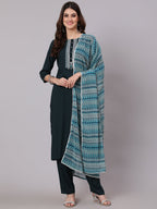Antaran Blue Rayon Embroidered Kurta Pant Dupatta Set | Grocsy