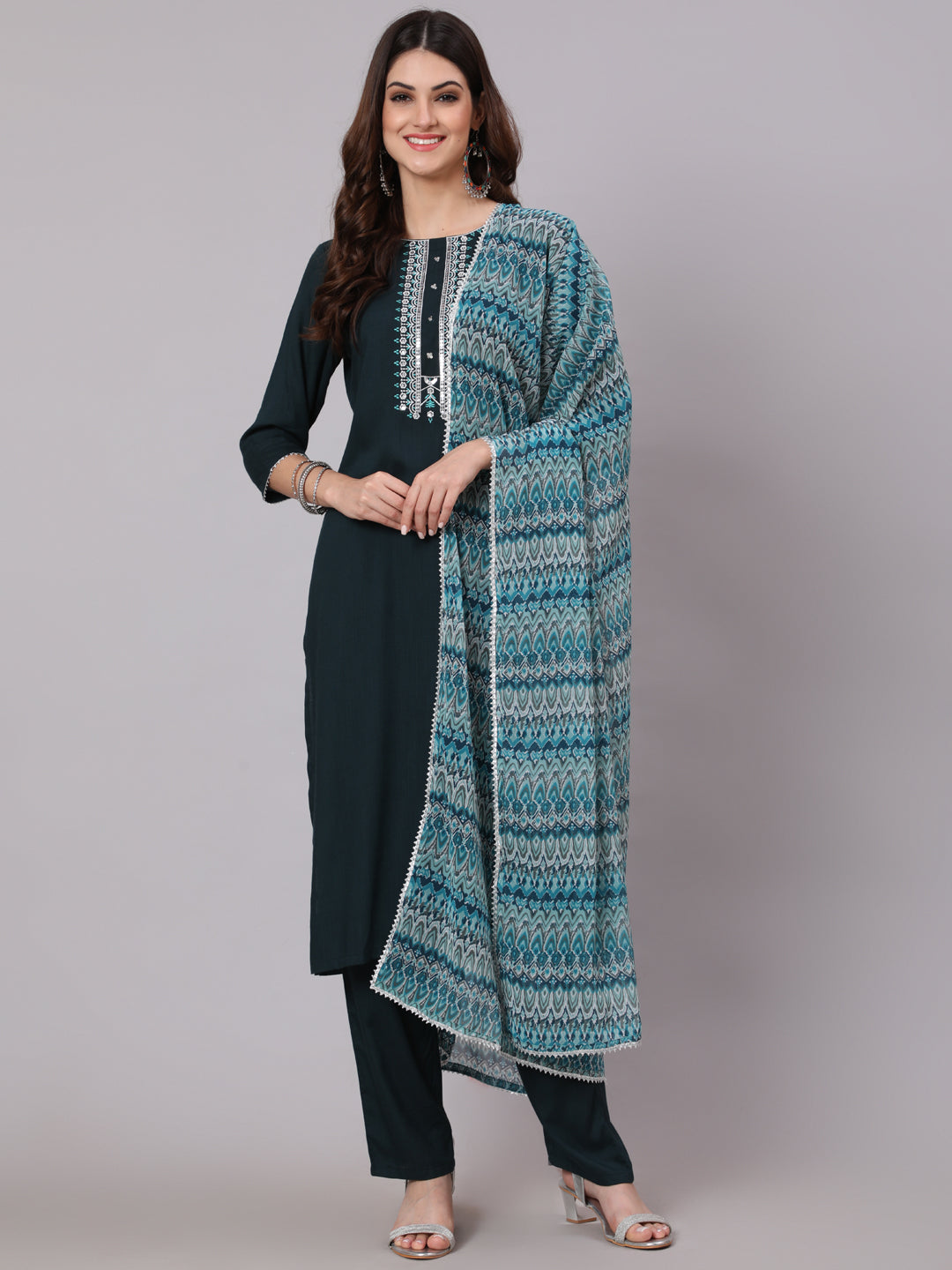 Antaran Blue Rayon Embroidered Kurta Pant Dupatta Set | Grocsy