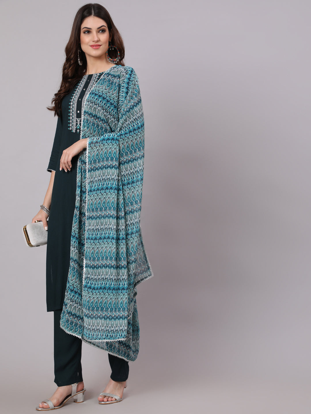 Antaran Blue Rayon Embroidered Kurta Pant Dupatta Set | Grocsy