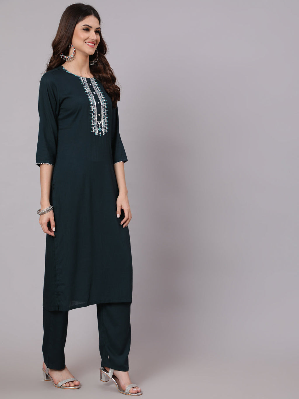 Antaran Blue Rayon Embroidered Kurta Pant Dupatta Set | Grocsy