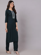 Antaran Blue Rayon Embroidered Kurta Pant Dupatta Set | Grocsy