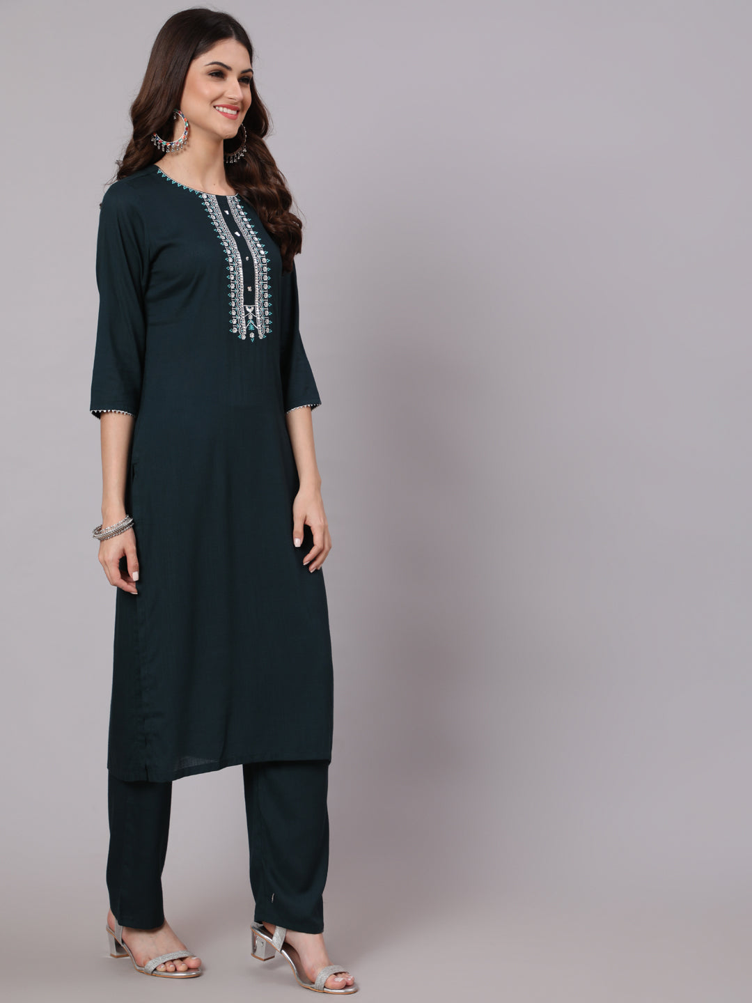 Antaran Blue Rayon Embroidered Kurta Pant Dupatta Set | Grocsy