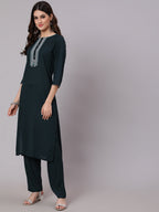 Antaran Blue Rayon Embroidered Kurta Pant Dupatta Set | Grocsy