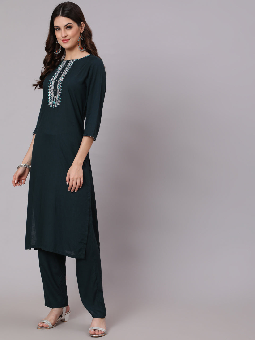 Antaran Blue Rayon Embroidered Kurta Pant Dupatta Set | Grocsy