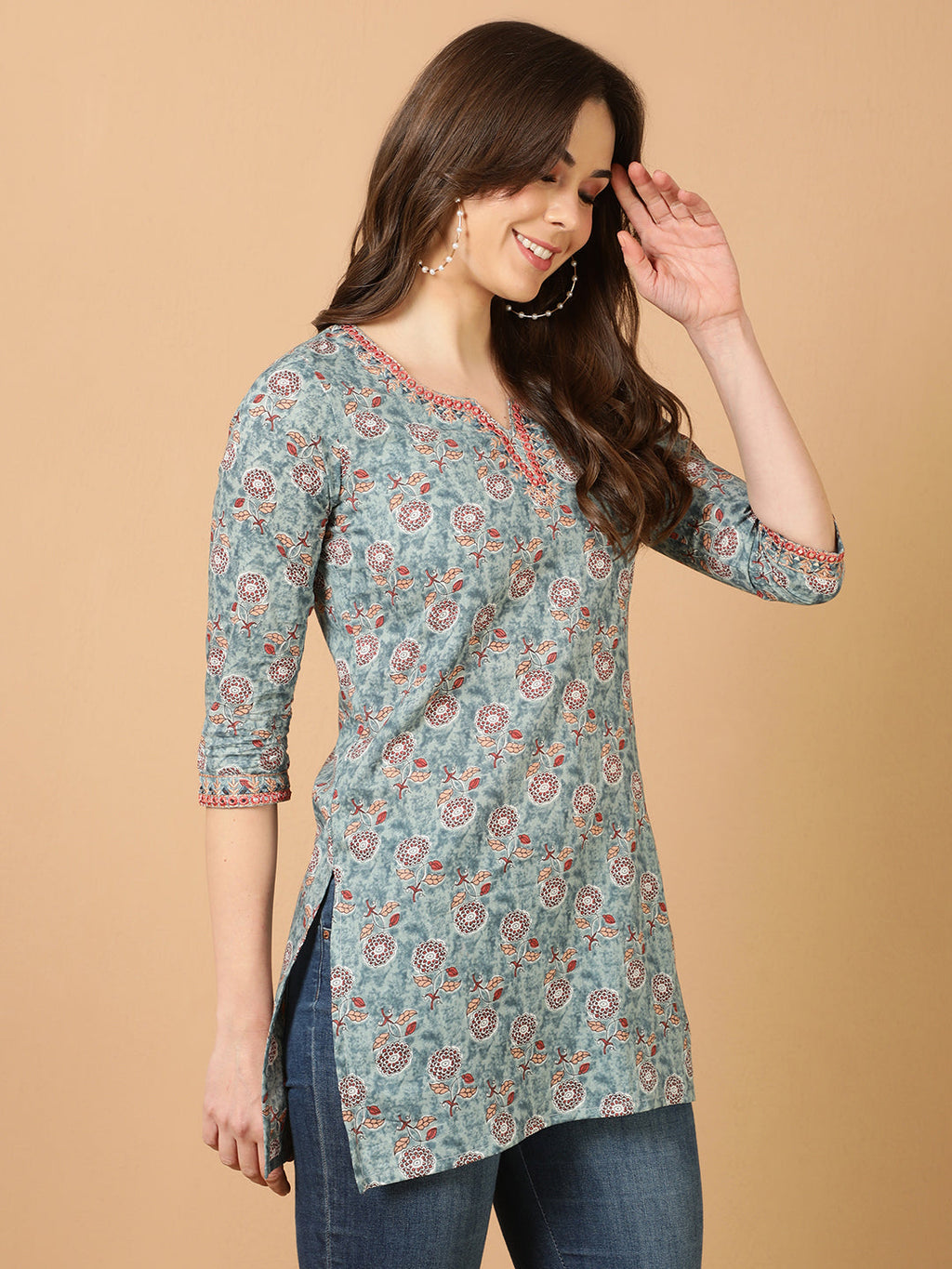 Antaran Blue Pure Cotton Embroidered Tunic | Grocsy