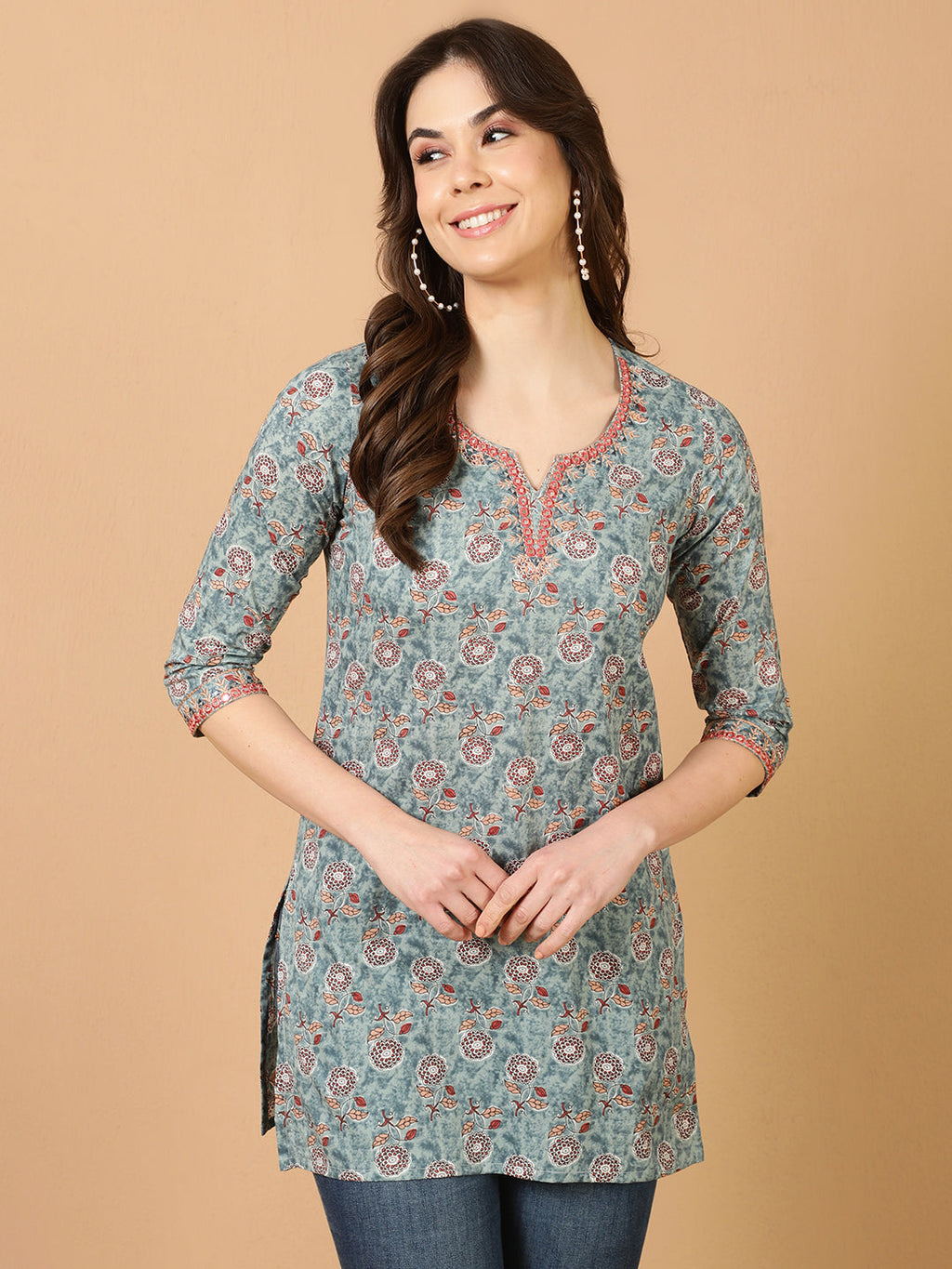 Antaran Blue Pure Cotton Embroidered Tunic | Grocsy