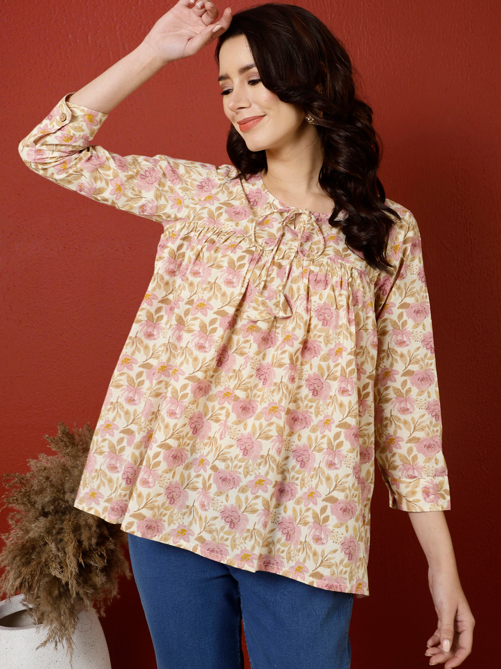 Antaran Peach Pure Cotton Printed Top | Grocsy