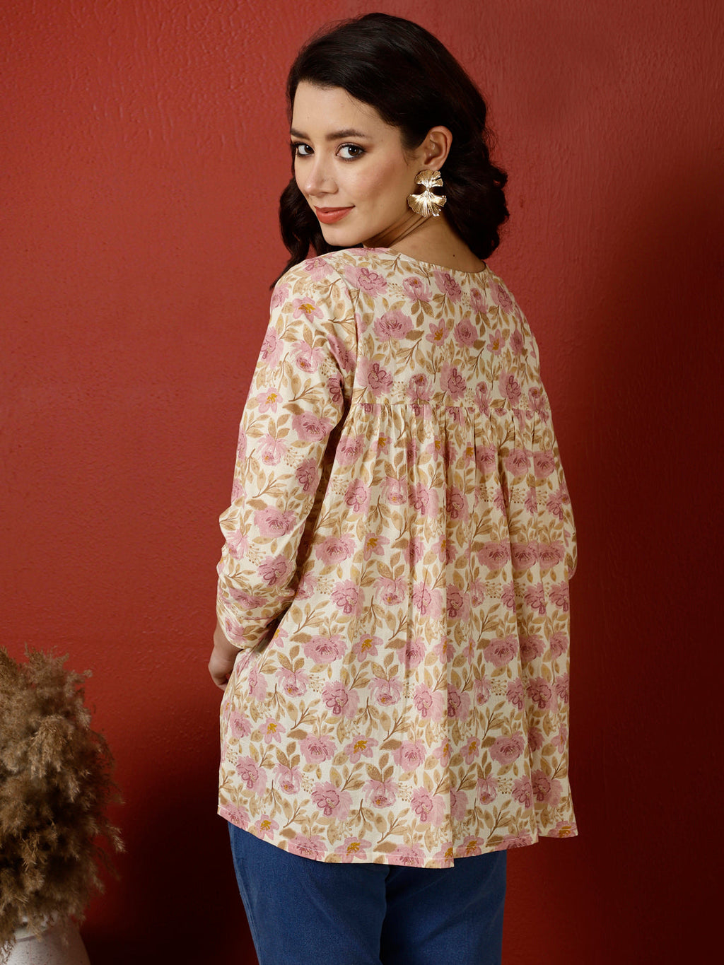 Antaran Peach Pure Cotton Printed Top | Grocsy