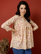 Antaran Peach Pure Cotton Printed Top | Grocsy