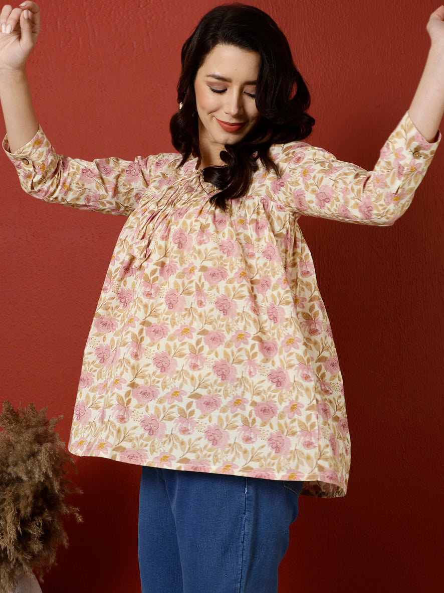 Antaran Peach Pure Cotton Printed Top | Grocsy