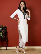 Antaran White Cotton Embroidered Kurta Pant Set | Grocsy