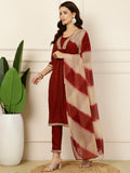 Antaran Maroon Rayon Embellished Kurta Pant & Dupatta Set | Grocsy