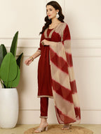 Antaran Maroon Rayon Embellished Kurta Pant & Dupatta Set | Grocsy