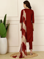 Antaran Maroon Rayon Embellished Kurta Pant & Dupatta Set | Grocsy