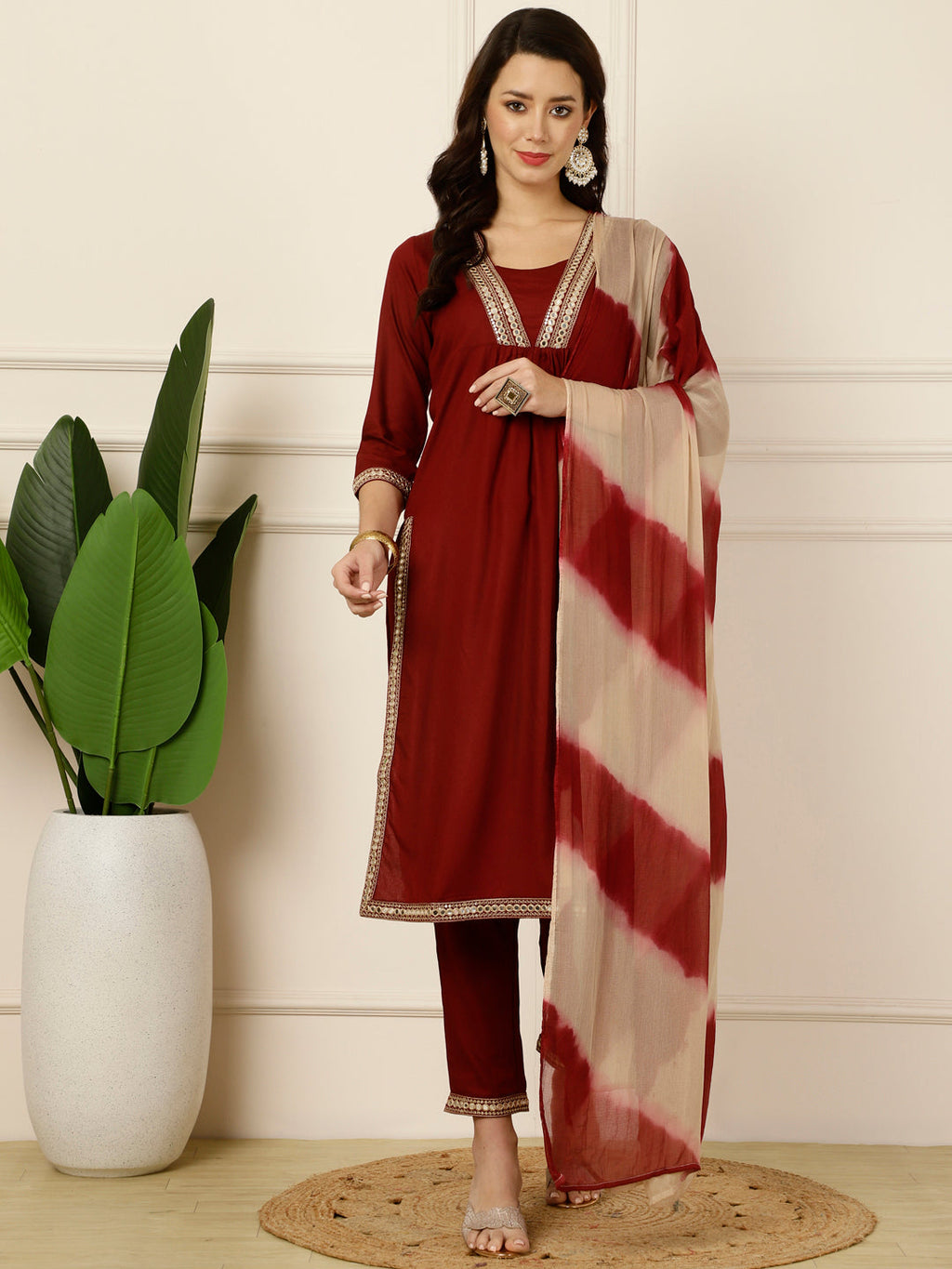 Antaran Maroon Rayon Embellished Kurta Pant & Dupatta Set | Grocsy