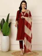 Antaran Maroon Rayon Embellished Kurta Pant & Dupatta Set | Grocsy