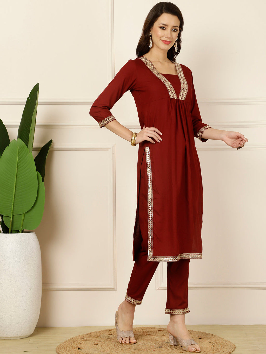 Antaran Maroon Rayon Embellished Kurta Pant & Dupatta Set | Grocsy
