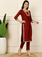 Antaran Maroon Rayon Embellished Kurta Pant & Dupatta Set | Grocsy