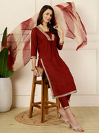 Antaran Maroon Rayon Embellished Kurta Pant & Dupatta Set | Grocsy